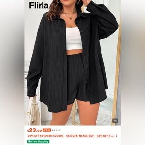 Black Ribbed Button-Up Shirt and Shorts Set